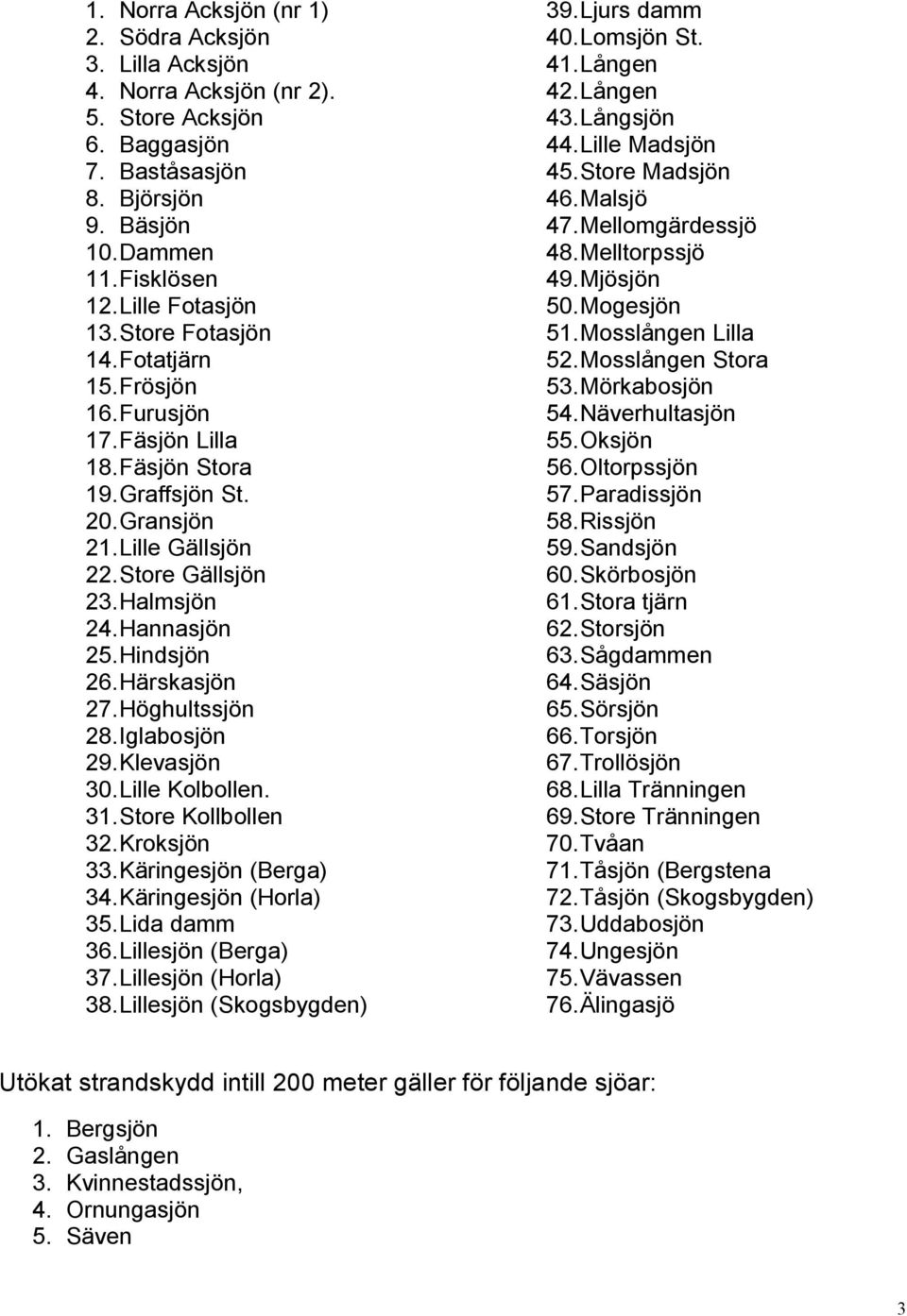 Härskasjön 27.Höghultssjön 28.Iglabosjön 29.Klevasjön 30.Lille Kolbollen. 31.Store Kollbollen 32.Kroksjön 33.Käringesjön (Berga) 34.Käringesjön (Horla) 35.Lida damm 36.Lillesjön (Berga) 37.