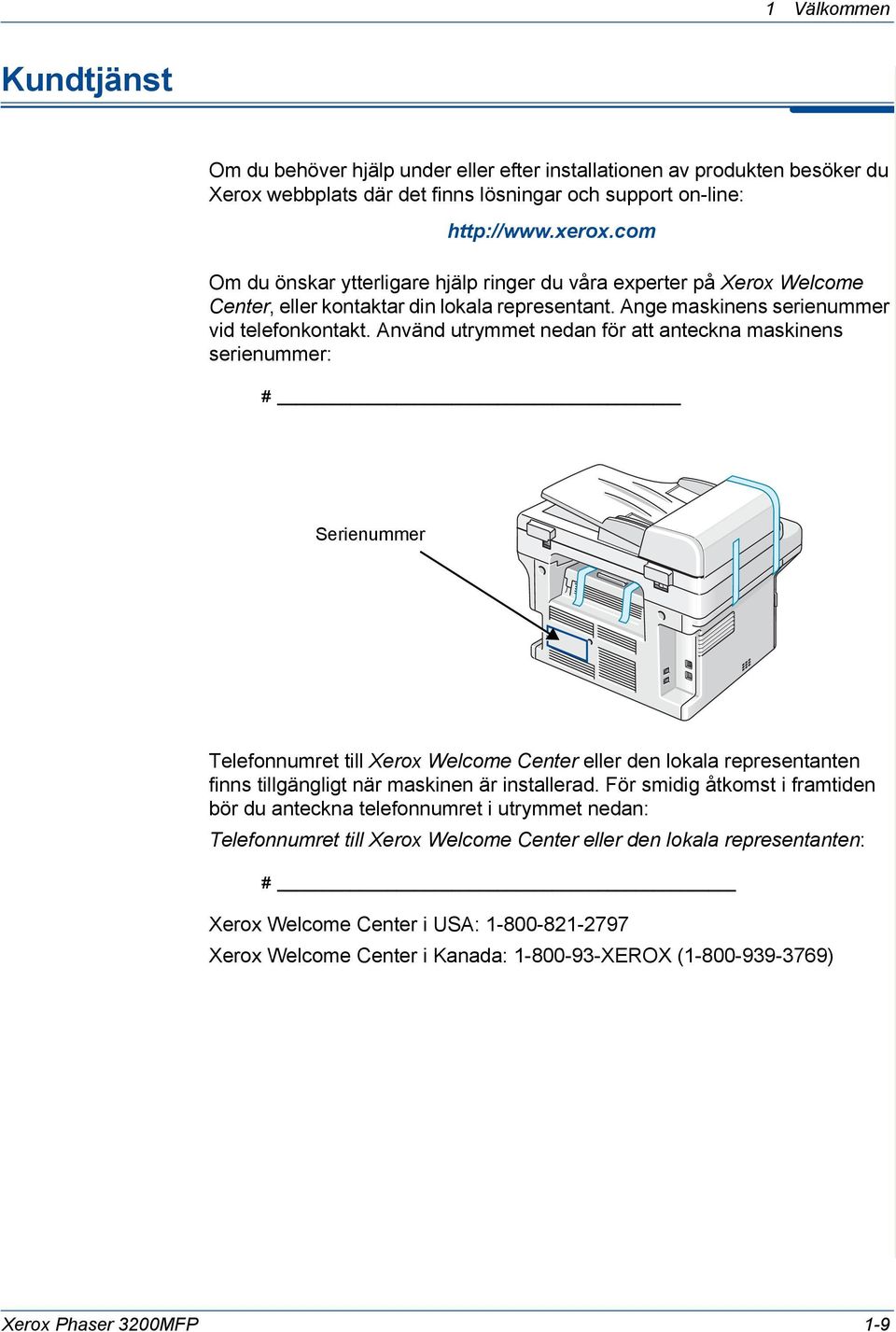 Använd utrymmet nedan för att anteckna maskinens serienummer: # Serienummer Telefonnumret till Xerox Welcome Center eller den lokala representanten finns tillgängligt när maskinen är installerad.