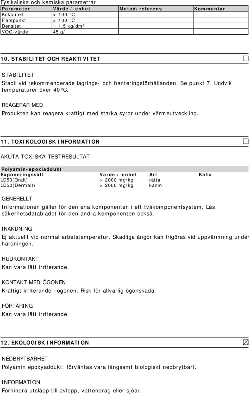 REAGERAR MED Produkten kan reagera kraftigt med starka syror under värmeutveckling. 11.