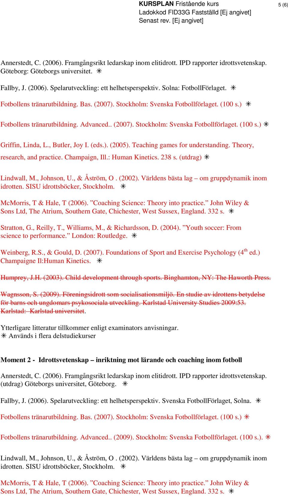 , Butler, Joy I. (eds.). (2005). Teaching games for understanding. Theory, research, and practice. Champaign, Ill.: Human Kinetics. 238 s. (utdrag) Lindwall, M., Johnson, U., & Åström, O. (2002).