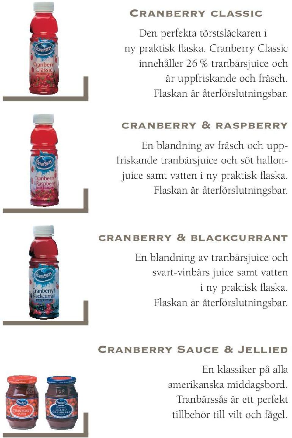 cranberry & raspberry En blandning av fräsch och uppfriskande tranbärsjuice och söt hallonjuice samt vatten i ny praktisk flaska.