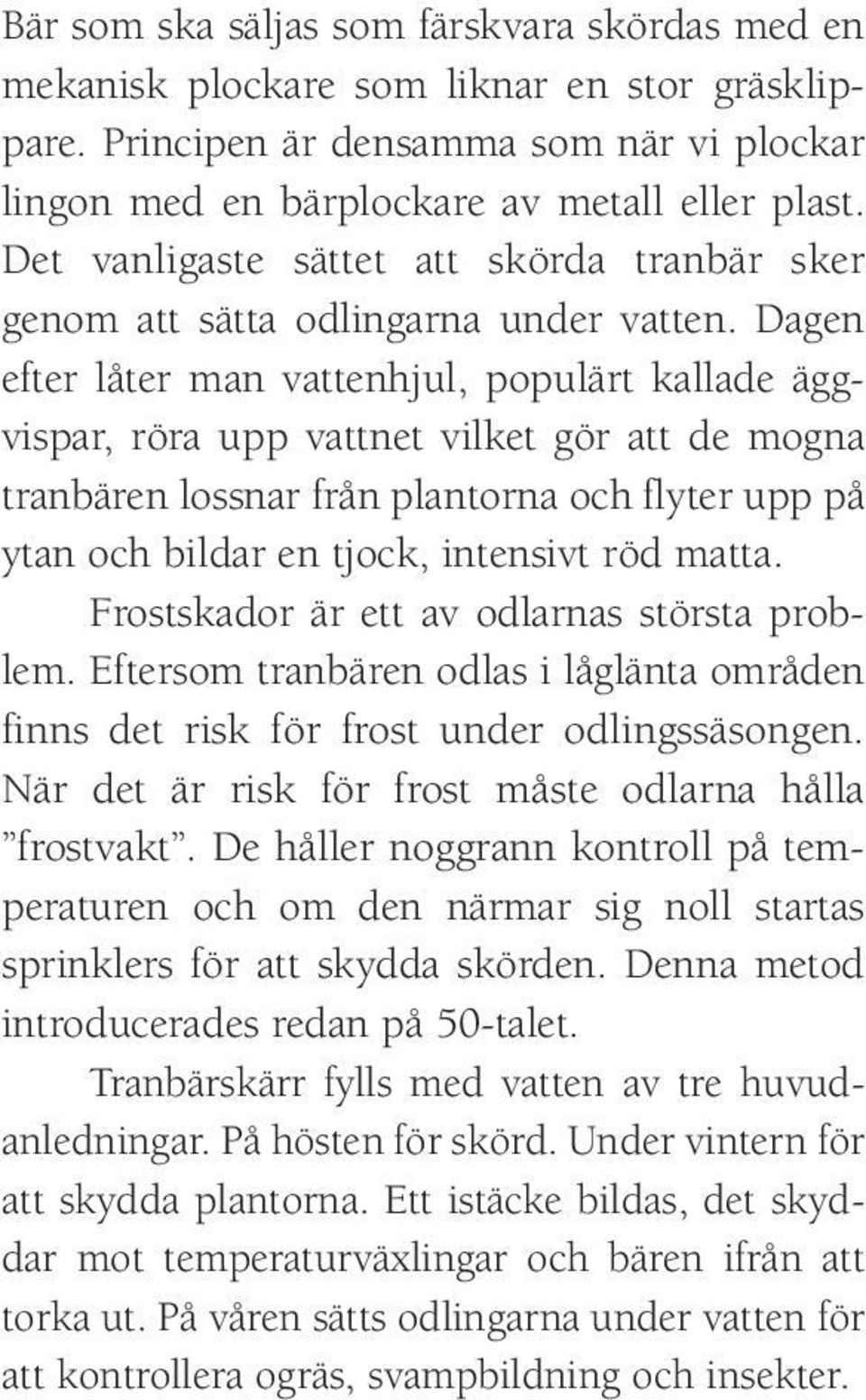 Dagen efter låter man vattenhjul, populärt kallade äggvispar, röra upp vattnet vilket gör att de mogna tranbären lossnar från plantorna och flyter upp på ytan och bildar en tjock, intensivt röd matta.