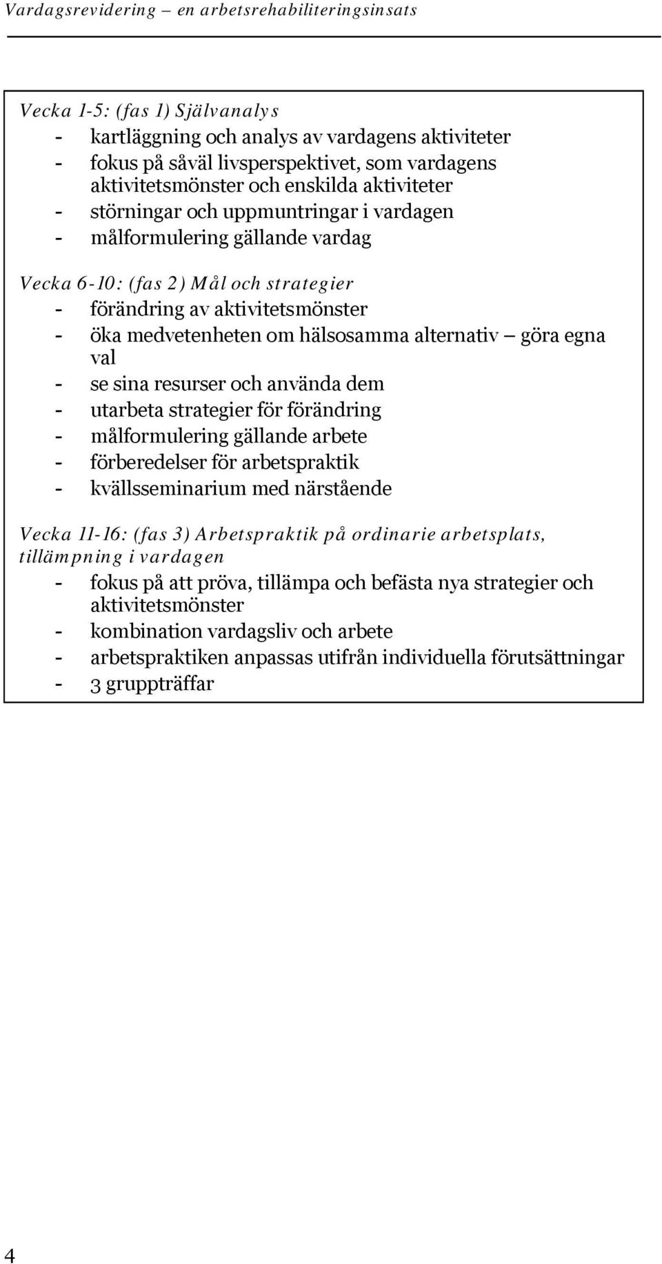 resurser och använda dem - utarbeta strategier för förändring - målformulering gällande arbete - förberedelser för arbetspraktik - kvällsseminarium med närstående Vecka 11-16: (fas 3) Arbetspraktik