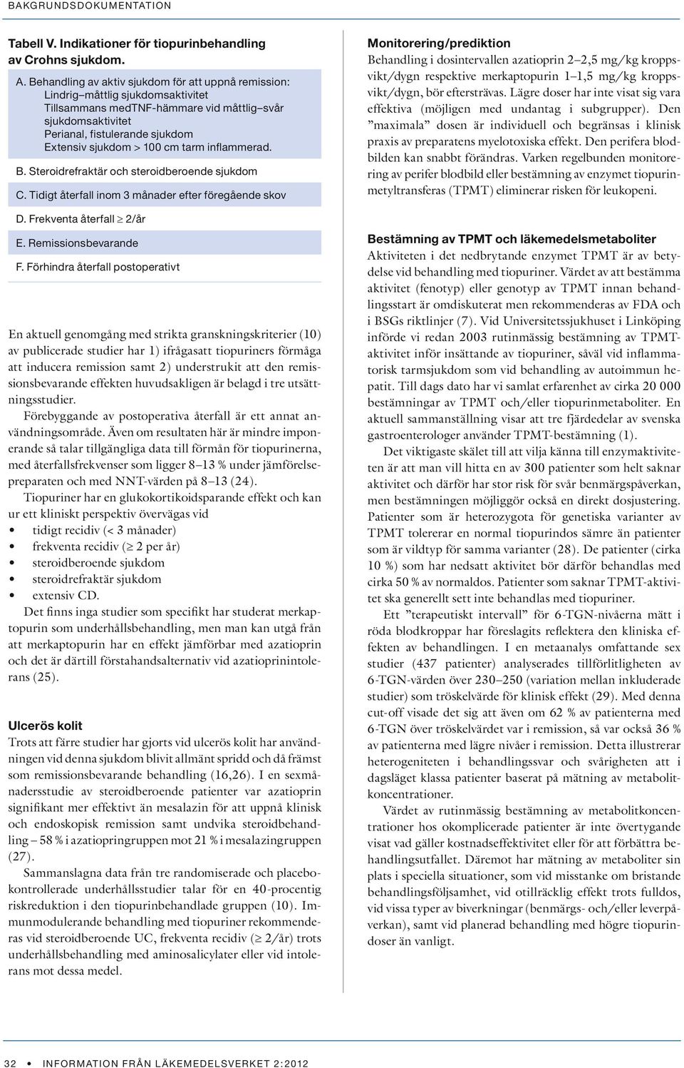 100 cm tarm inflammerad. B. Steroidrefraktär och steroidberoende sjukdom C. Tidigt återfall inom 3 månader efter föregående skov D. Frekventa återfall 2/år E. Remissionsbevarande F.