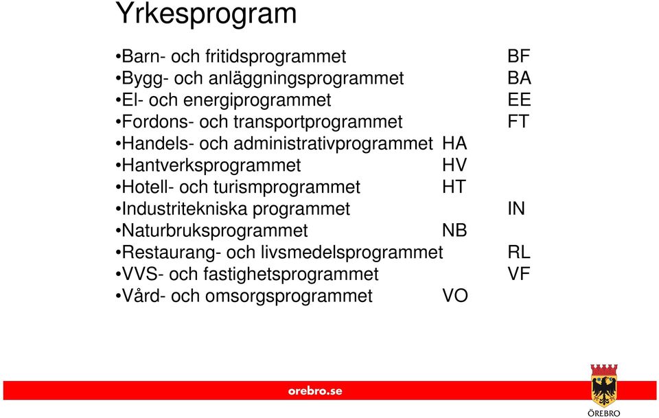 Hotell- och turismprogrammet HT Industritekniska programmet Naturbruksprogrammet NB Restaurang-