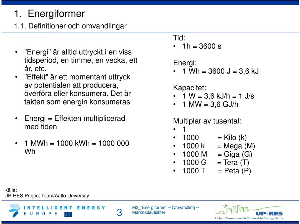 Det är takten som energin konsumeras Energi = Effekten multiplicerad med tiden 1 MWh = 1000 kwh = 1000 000 Wh Tid: 1h = 3600 s Energi: 1 Wh = 3600