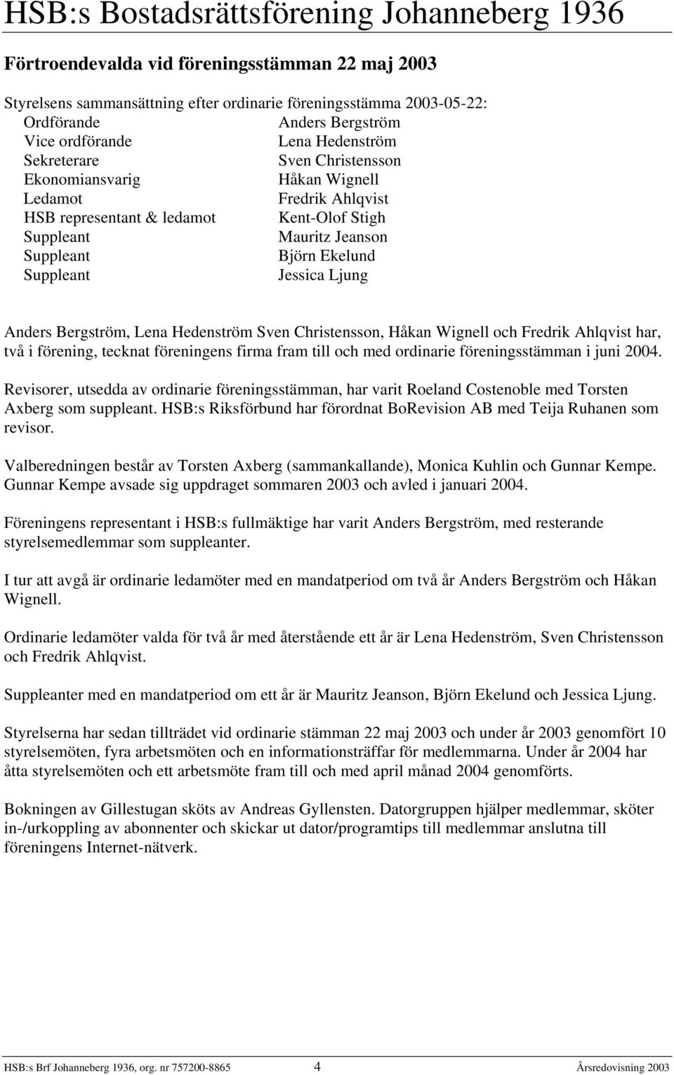 Bergström, Lena Hedenström Sven Christensson, Håkan Wignell och Fredrik Ahlqvist har, två i förening, tecknat föreningens firma fram till och med ordinarie föreningsstämman i juni 2004.