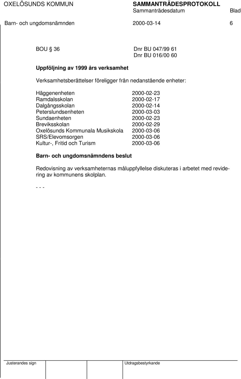 2000-02-14 Peterslundsenheten 2000-03-03 Sundaenheten 2000-02-23 Breviksskolan 2000-02-29 Oxelösunds Kommunala Musikskola 2000-03-06