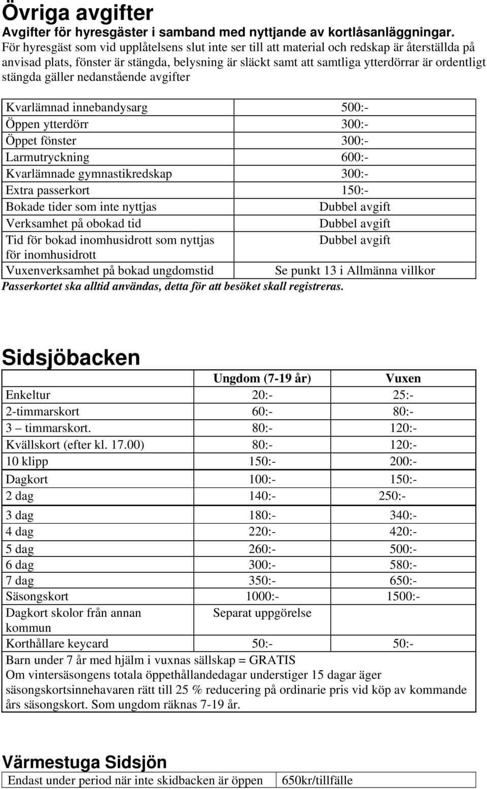 stängda gäller nedanstående avgifter Kvarlämnad innebandysarg 500:- Öppen ytterdörr 300:- Öppet fönster 300:- Larmutryckning 600:- Kvarlämnade gymnastikredskap 300:- Extra passerkort 150:- Bokade