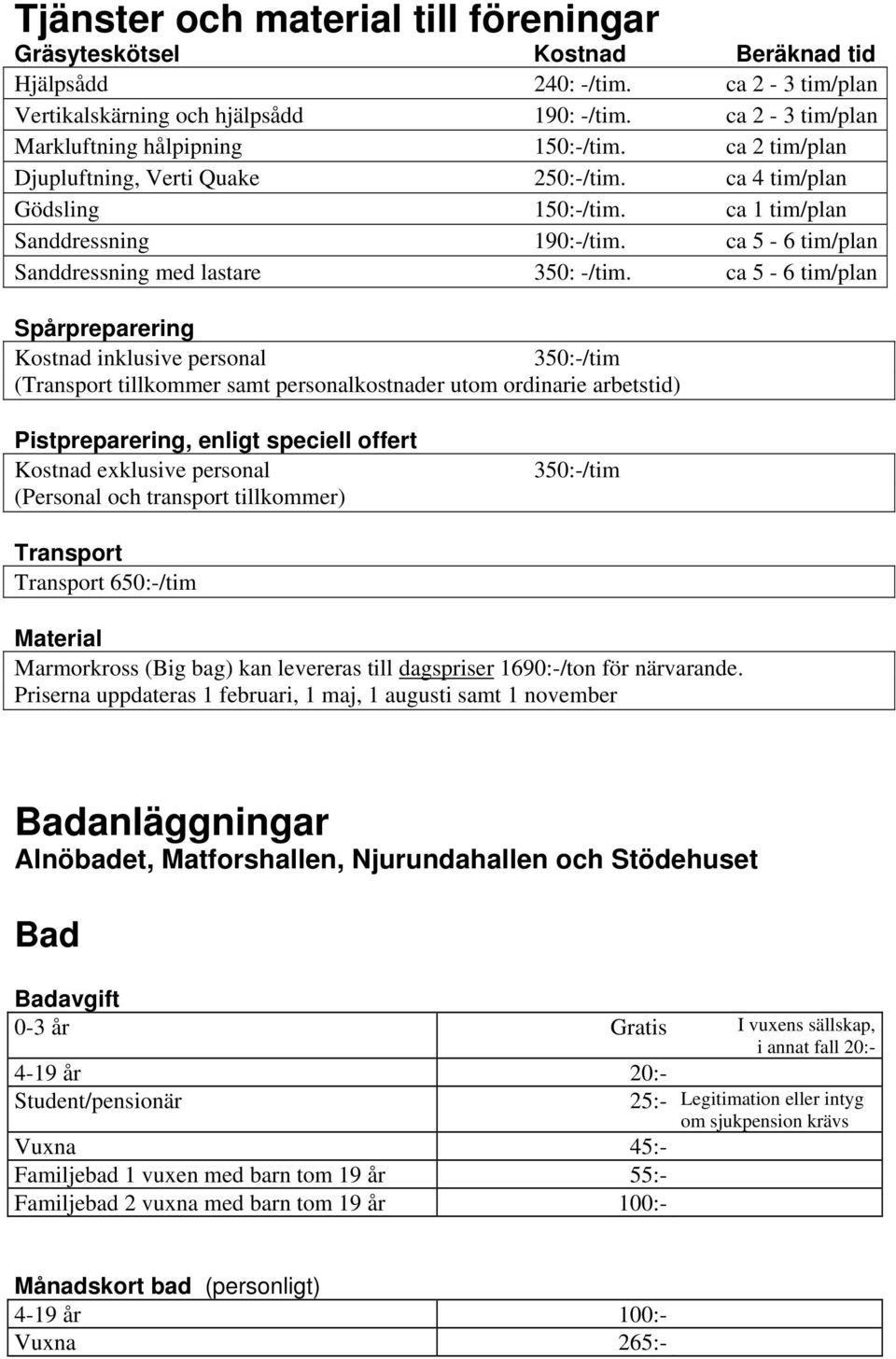 ca 5-6 tim/plan Sanddressning med lastare 350: -/tim.