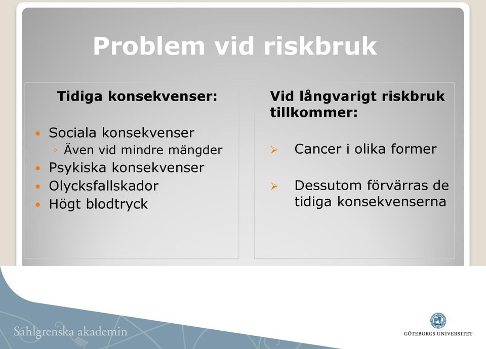 Olycksfallskador Högt blodtryck Vid långvarigt riskbruk