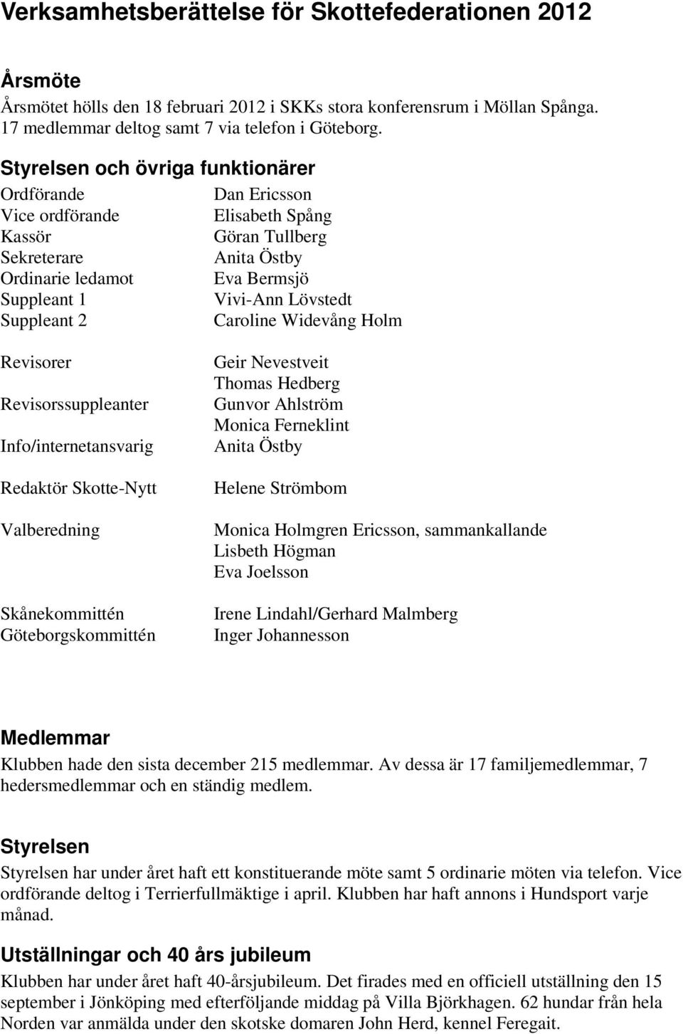 Suppleant 2 Caroline Widevång Holm Revisorer Revisorssuppleanter Info/internetansvarig Redaktör Skotte-Nytt Valberedning Skånekommittén Göteborgskommittén Geir Nevestveit Thomas Hedberg Gunvor
