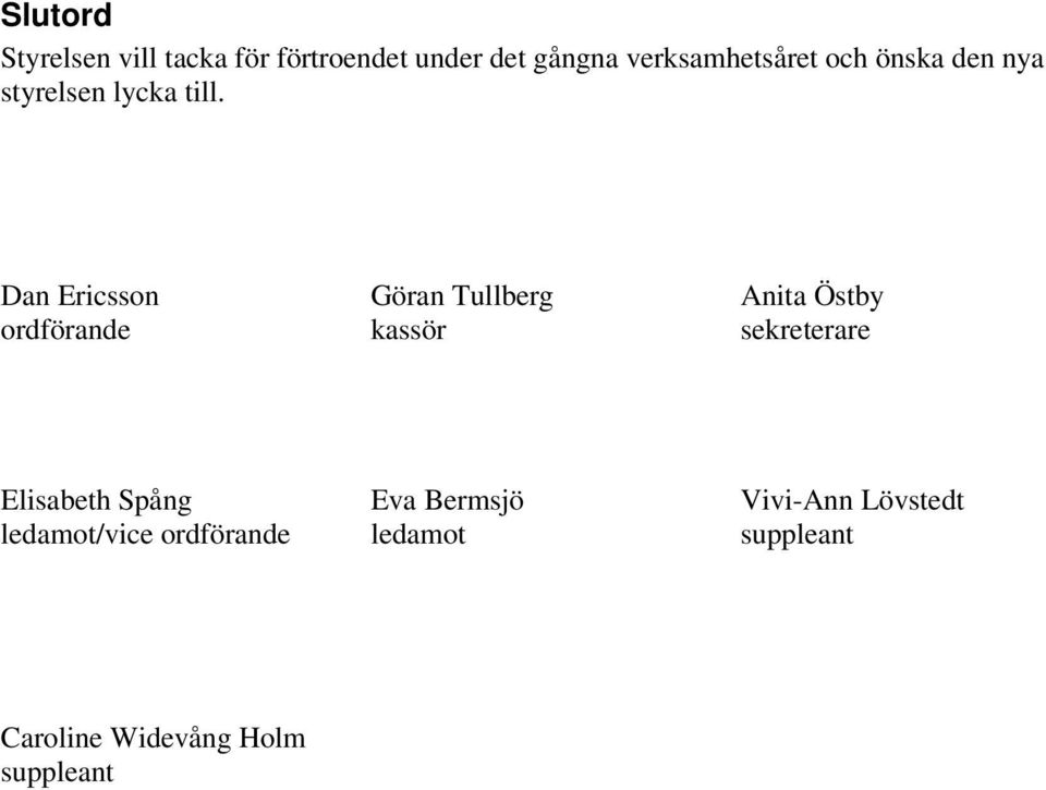 Dan Ericsson Göran Tullberg Anita Östby ordförande kassör sekreterare