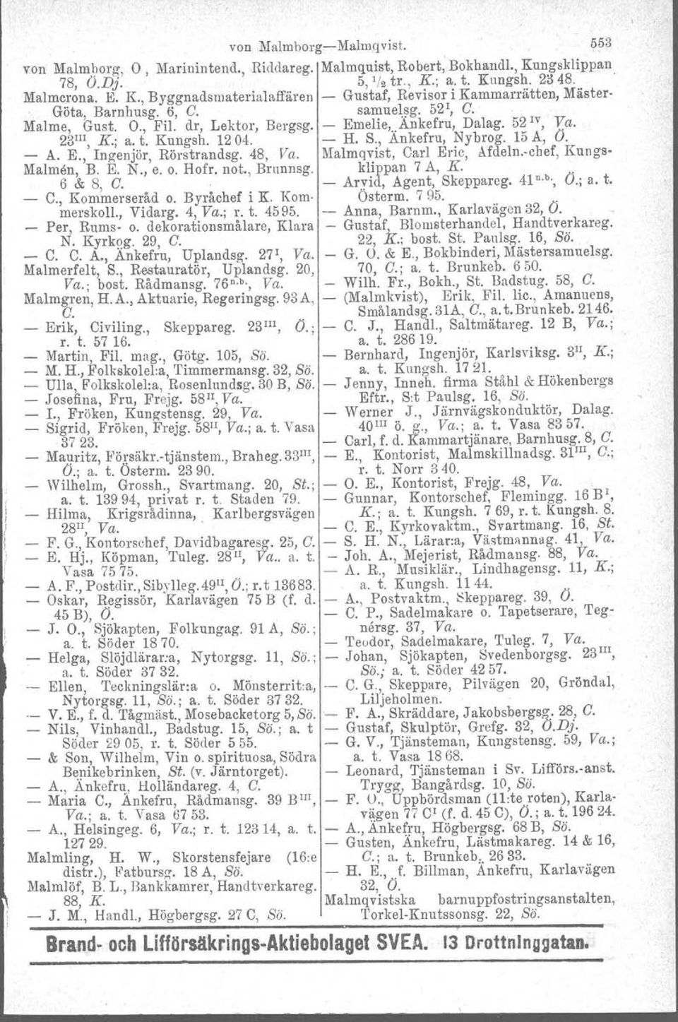 48, Va. Malmqvist, Carl Eric, Afdelnchef', Kungs Malmen, B. E. N., e. o. Hofr, not., Brunnsg. 6 & 8, C. klippan 7 A, K. Arvid, Agent, Skepparcg. 41 n.b., O.; a. t. C., Kommerseråd o. Byråchef i K.