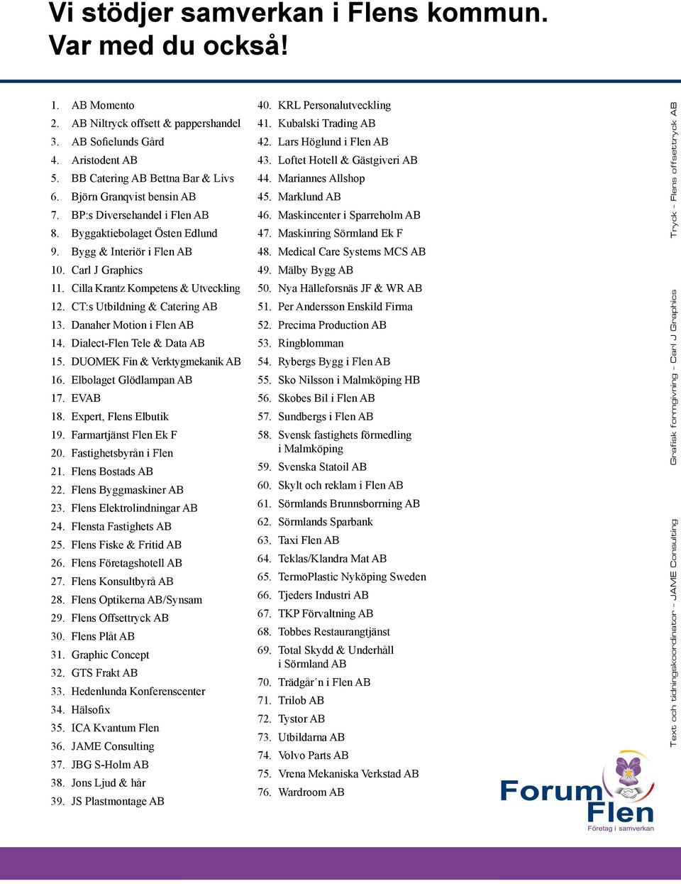 CT:s Utbildning & Catering AB 13. Danaher Motion i Flen AB 14. Dialect-Flen Tele & Data AB 15. DUOMEK Fin & Verktygmekanik AB 16. Elbolaget Glödlampan AB 17. EVAB 18. Expert, Flens Elbutik 19.