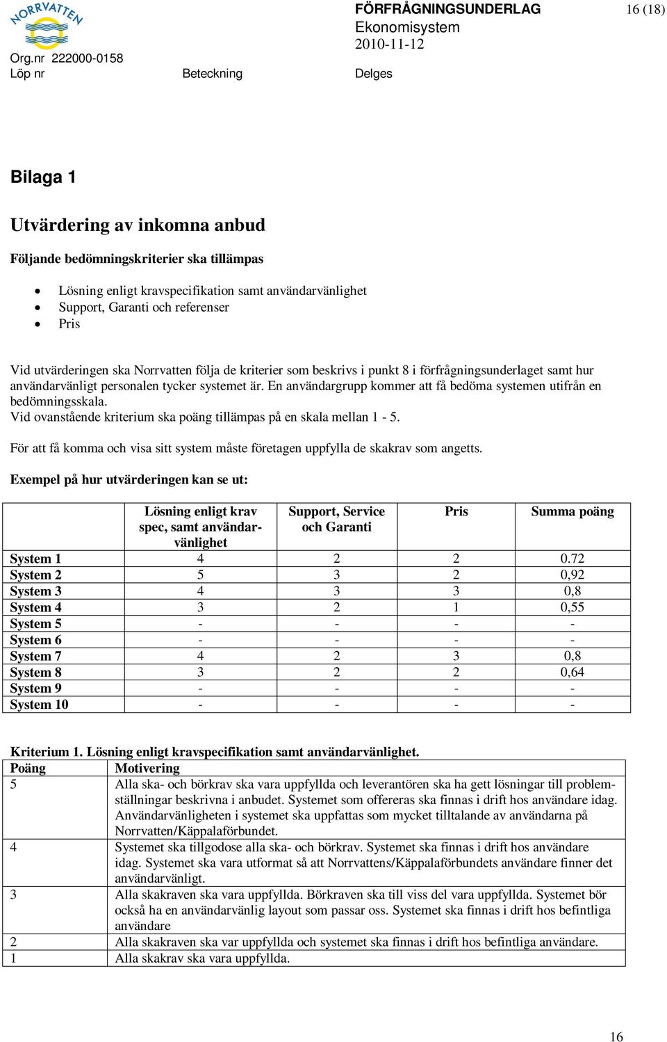 En användargrupp kommer att få bedöma systemen utifrån en bedömningsskala. Vid ovanstående kriterium ska poäng tillämpas på en skala mellan 1-5.