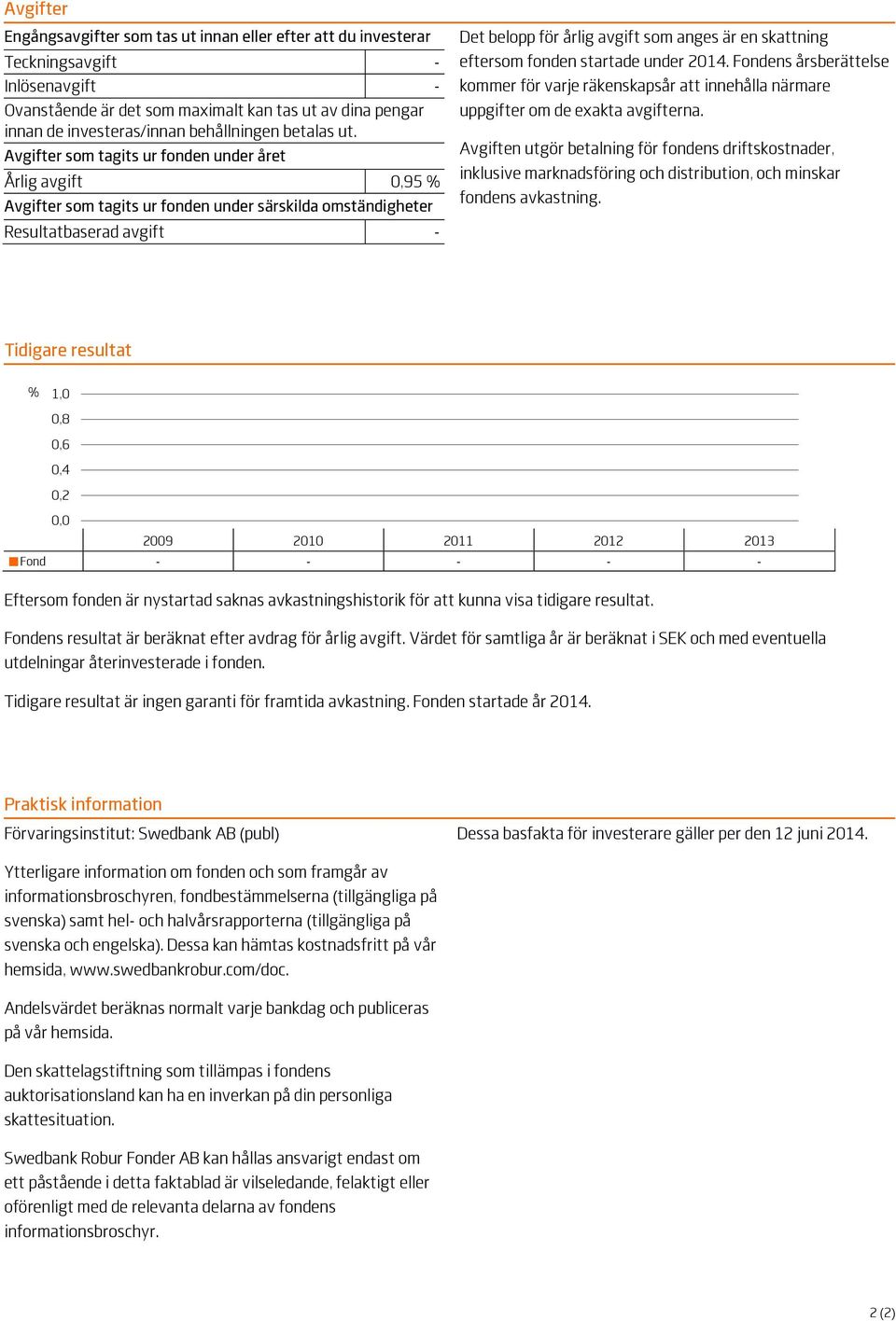 Avgifter som tagits ur fonden under året Årlig avgift 0,95 % Avgifter som tagits ur fonden under särskilda omständigheter Resultatbaserad avgift - Det belopp för årlig avgift som anges är en