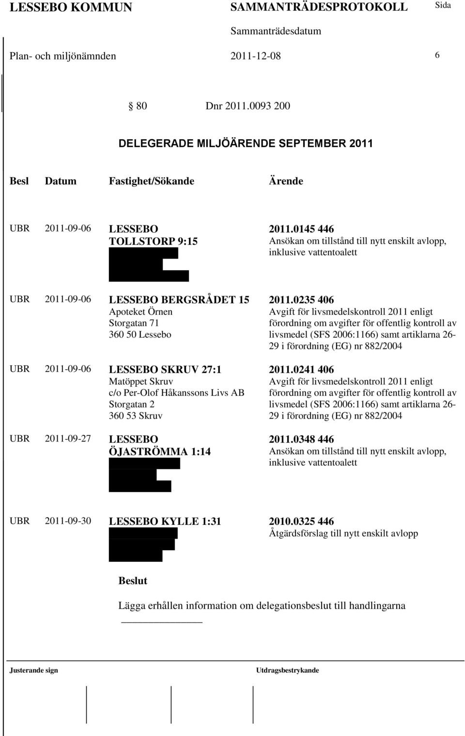 BERGSRÅDET 15 Apoteket Örnen Storgatan 71 360 50 Lessebo UBR 2011-09-06 LESSEBO SKRUV 27:1 Matöppet Skruv c/o Per-Olof Håkanssons Livs AB Storgatan 2 360 53 Skruv UBR 2011-09-27 LESSEBO ÖJASTRÖMMA