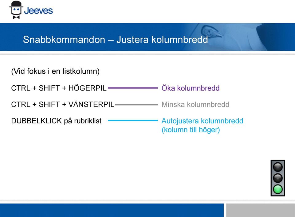 VÄNSTERPIL DUBBELKLICK på rubriklist Öka kolumnbredd