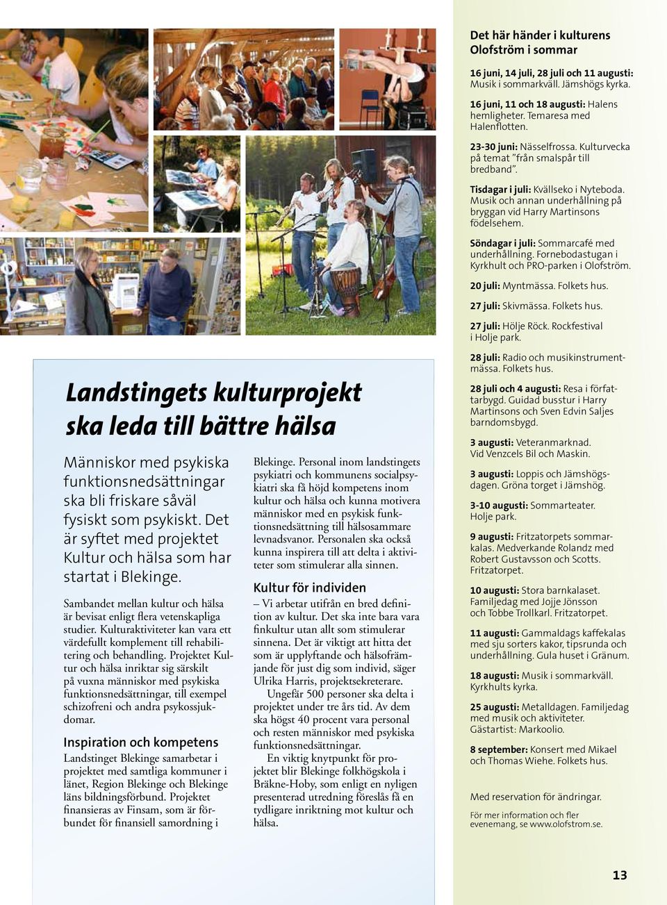 Söndagar i juli: Sommarcafé med underhållning. Fornebodastugan i Kyrkhult och PRO-parken i Olofström. 20 juli: Myntmässa. Folkets hus. 27 juli: Skivmässa. Folkets hus. 27 juli: Hölje Röck.