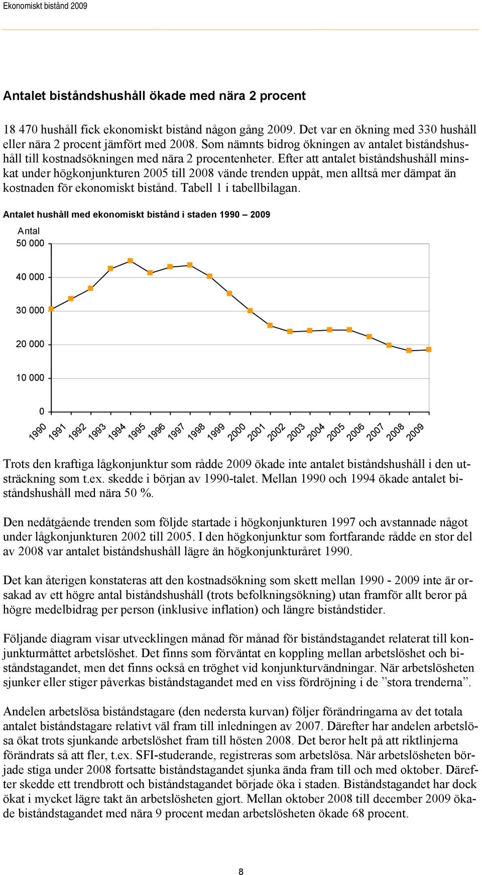 Efter att antalet biståndshushåll minskat under högkonjunkturen 2005 till 2008 vände trenden uppåt, men alltså mer dämpat än kostnaden för ekonomiskt bistånd. Tabell 1 i tabellbilagan.