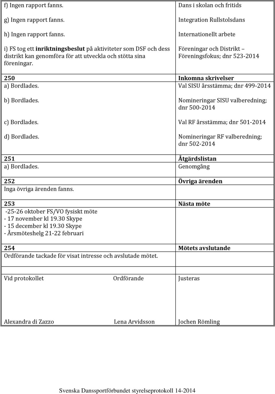 Dans i skolan och fritids Integration Rullstolsdans Internationellt arbete Föreningar och Distrikt Föreningsfokus; dnr 523-2014 250 Inkomna skrivelser a) Bordlades.