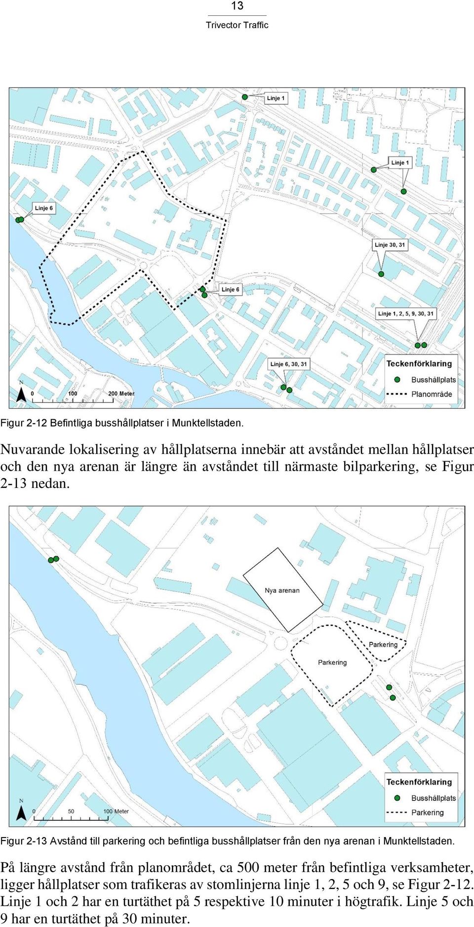 Figur 2-13 nedan. Figur 2-13 Avstånd till parkering och befintliga busshållplatser från den nya arenan i Munktellstaden.
