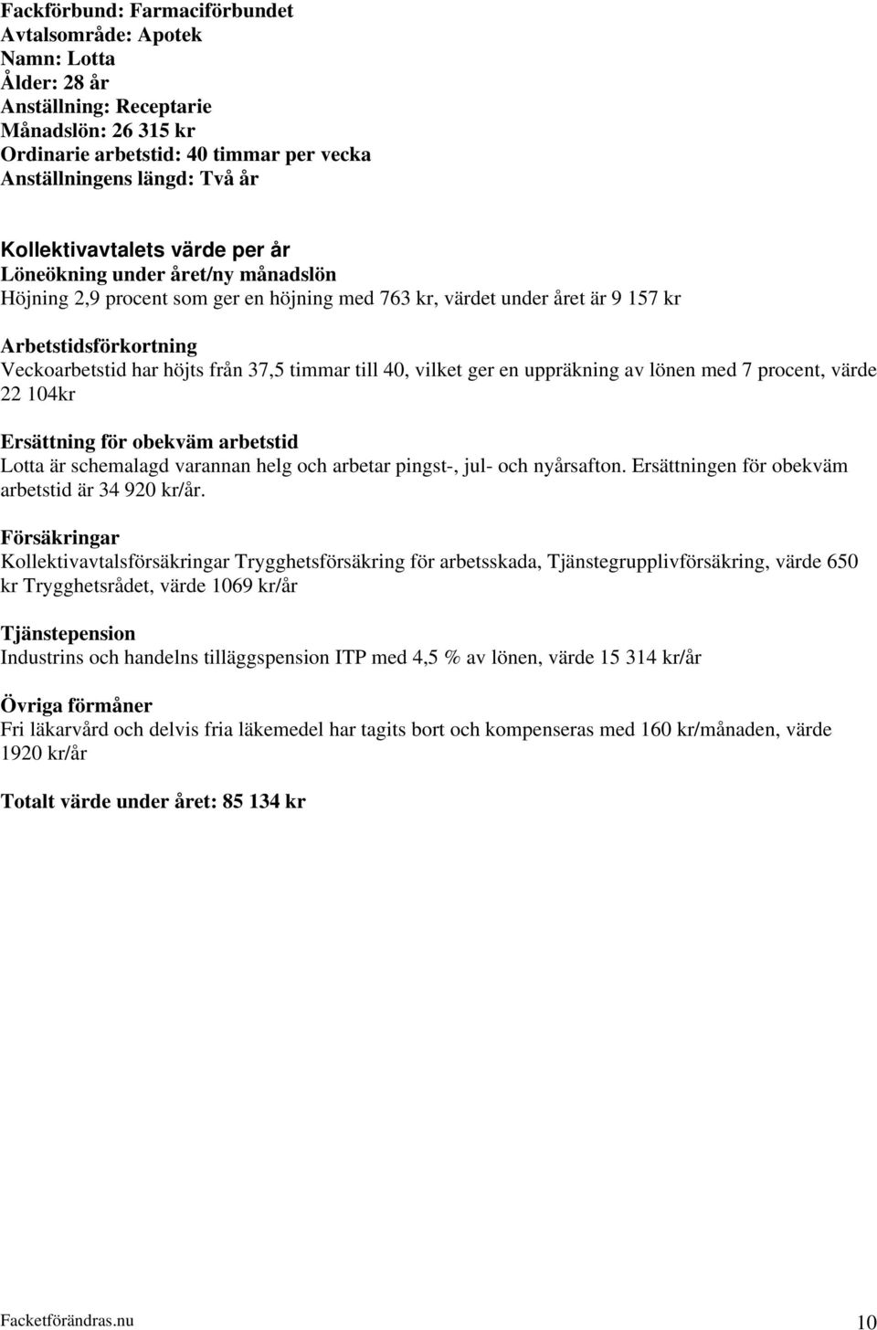 för obekväm arbetstid Lotta är schemalagd varannan helg och arbetar pingst-, jul- och nyårsafton. Ersättningen för obekväm arbetstid är 34 920 kr/år.