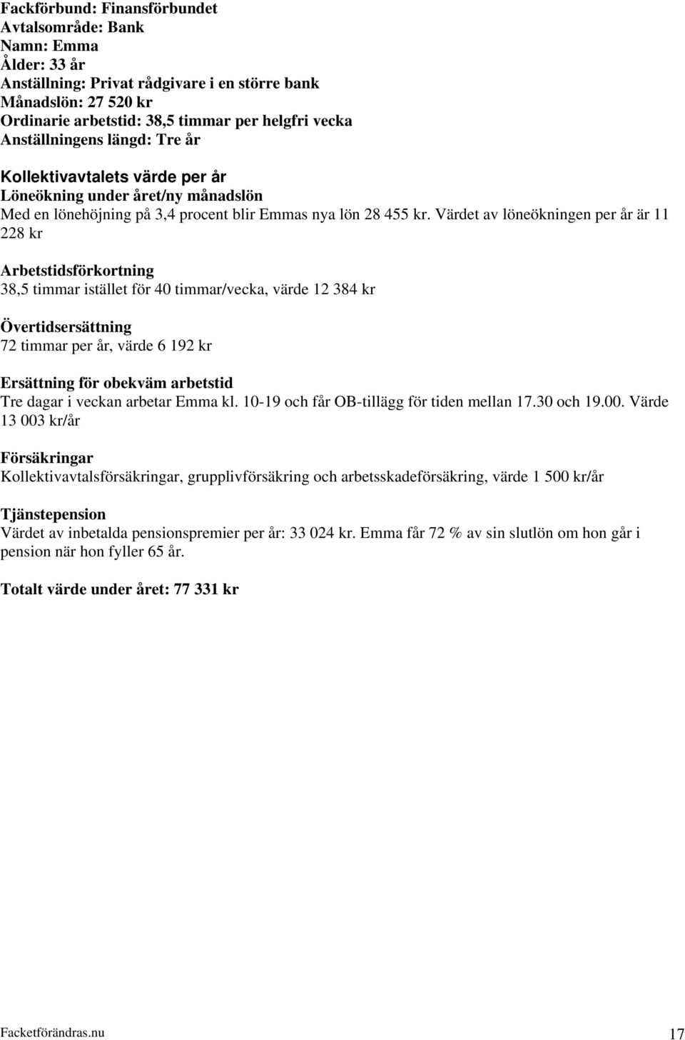 Värdet av löneökningen per år är 11 228 kr 38,5 timmar istället för 40 timmar/vecka, värde 12 384 kr 72 timmar per år, värde 6 192 kr Ersättning för obekväm arbetstid Tre dagar i veckan arbetar Emma