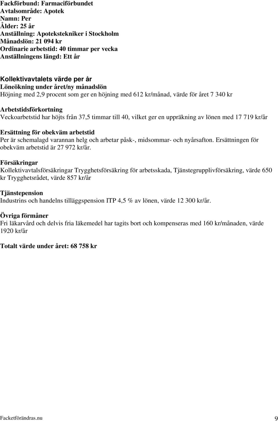 Ersättning för obekväm arbetstid Per är schemalagd varannan helg och arbetar påsk-, midsommar- och nyårsafton. Ersättningen för obekväm arbetstid är 27 972 kr/år.