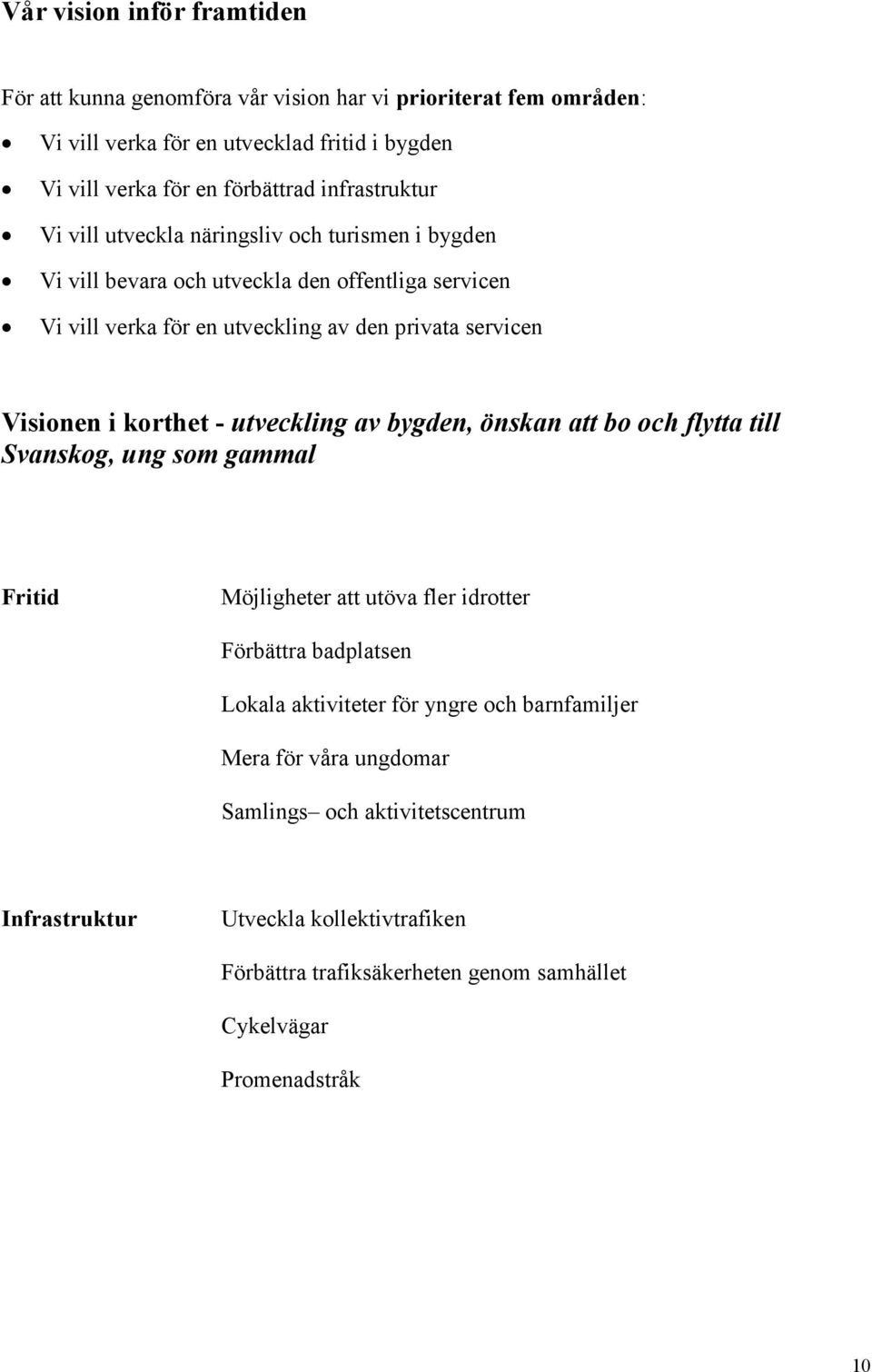 Visionen i korthet - utveckling av bygden, önskan att bo och flytta till Svanskog, ung som gammal Fritid Möjligheter att utöva fler idrotter Förbättra badplatsen Lokala