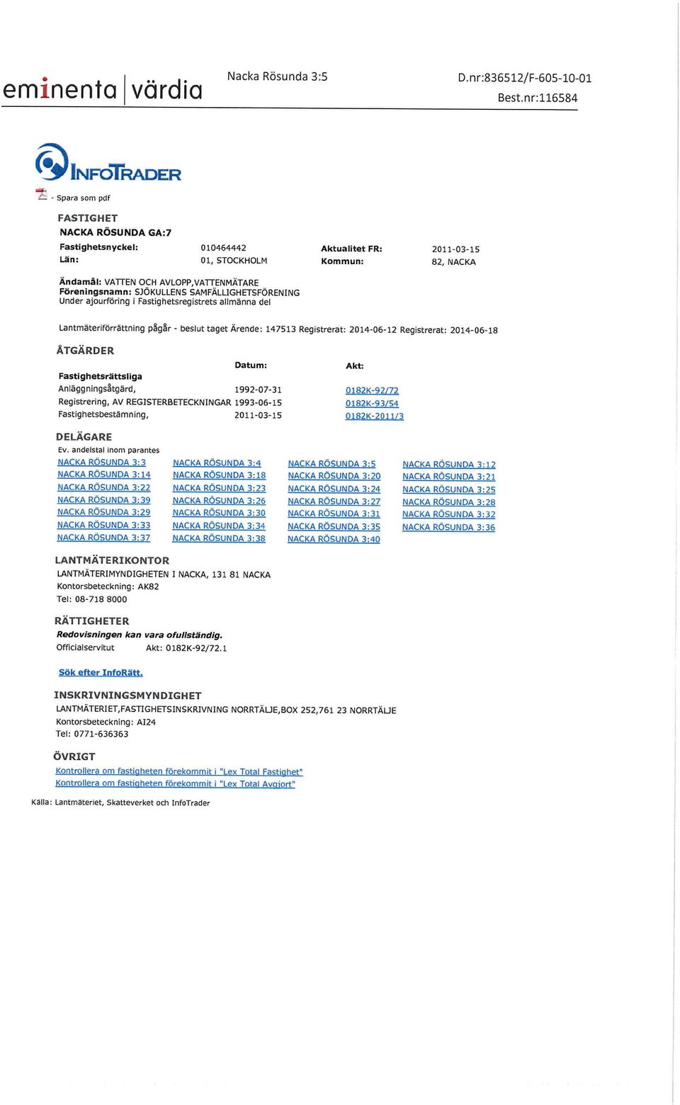 SJÖKULLENS SAMFÄLLlGHETSFÖRENING Under ajourföring i Fastighetsregistrets allmänna del Lantmäteriförrättning p g r - beslut taget Ärende: 147513 Registrerat: 2014-06-12 Registrerat: 2014-06-18