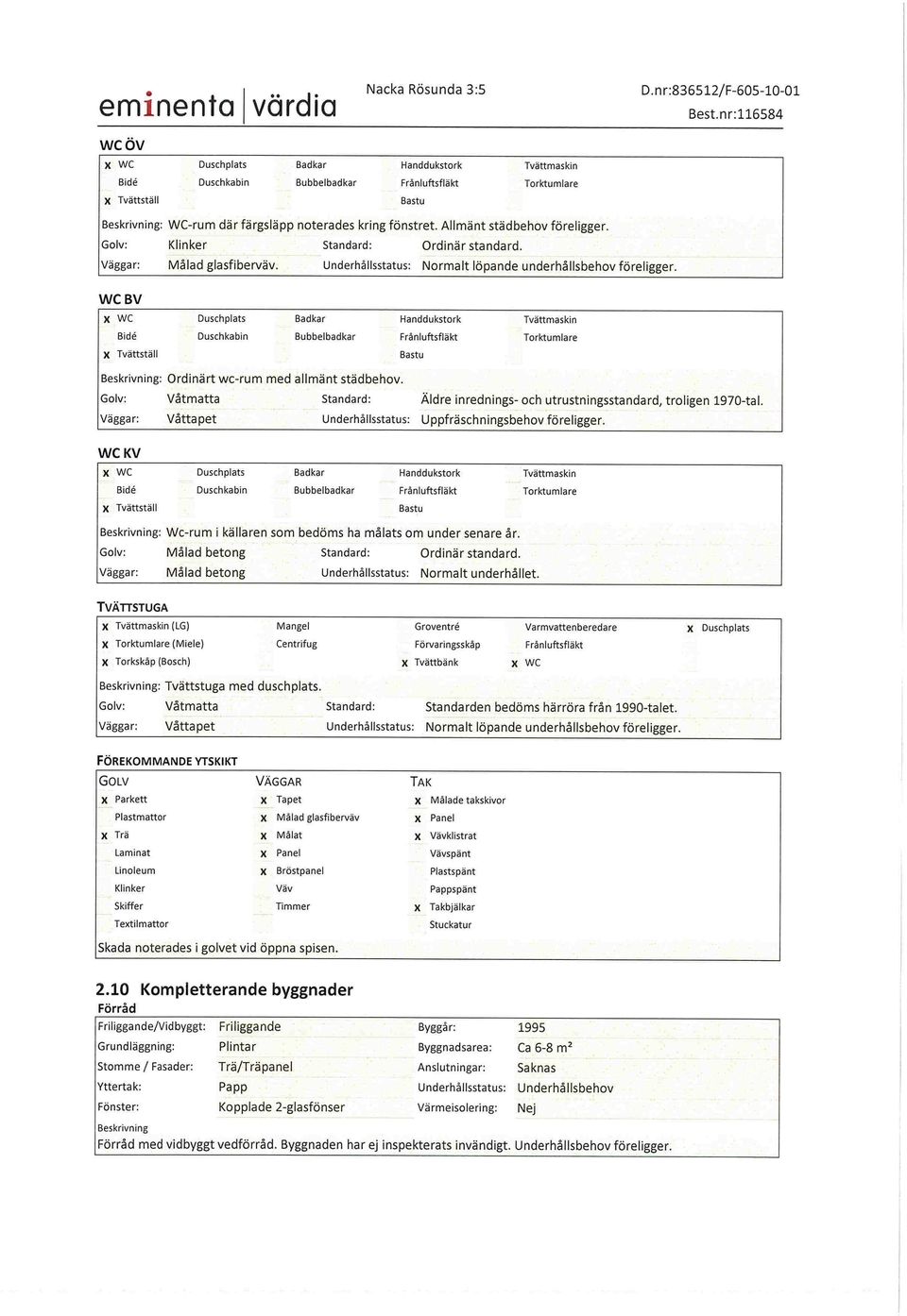 Allmänt städbehov föreligger. Golv: Klinker Standard: Ordinär standard. Väggar: Målad glasfiberväv. Underhållsstatus: Normalt löpande underhållsbehov föreligger.