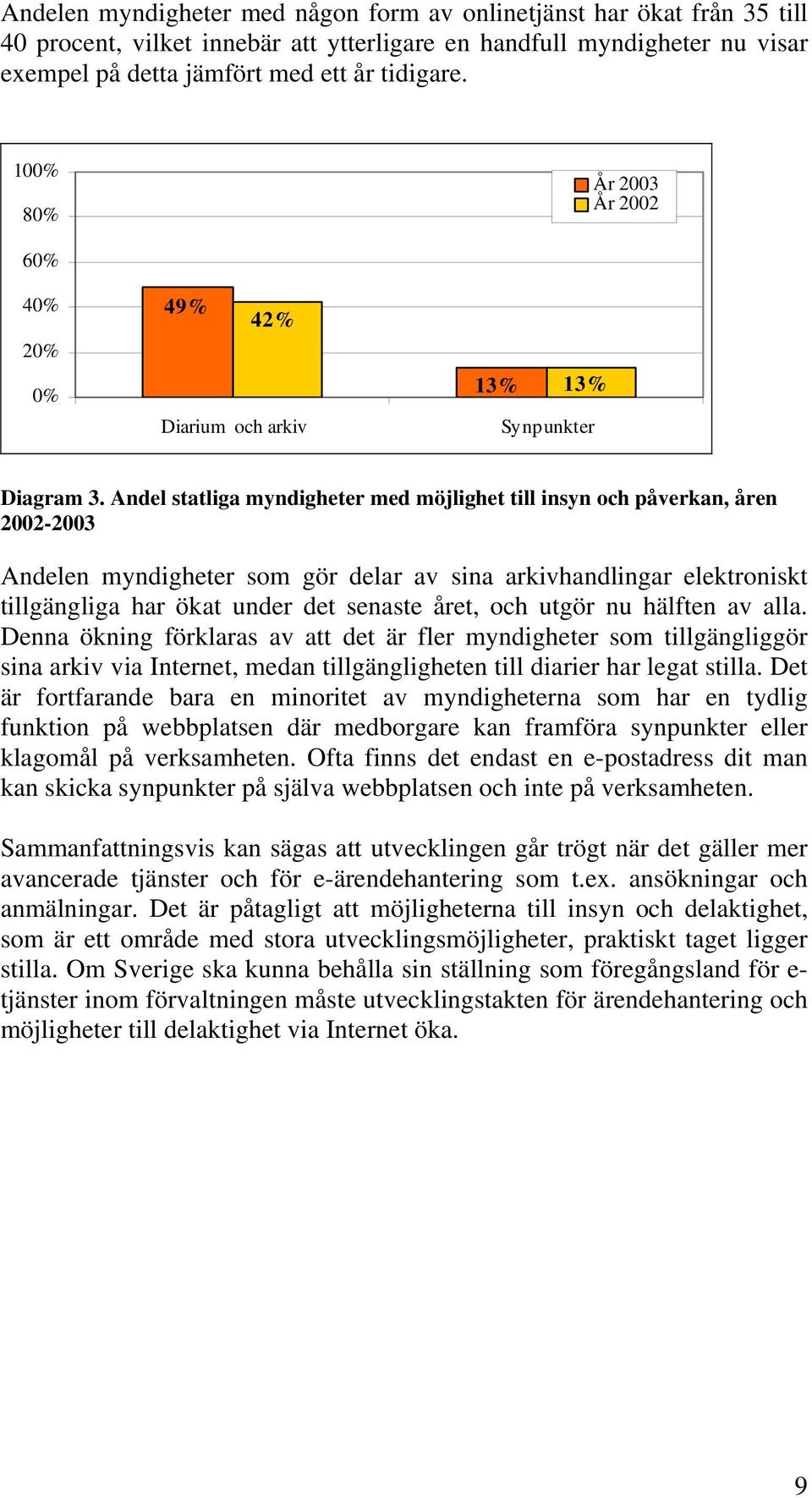 Andel statliga myndigheter med möjlighet till insyn och påverkan, åren 2002-2003 Andelen myndigheter som gör delar av sina arkivhandlingar elektroniskt tillgängliga har ökat under det senaste året,