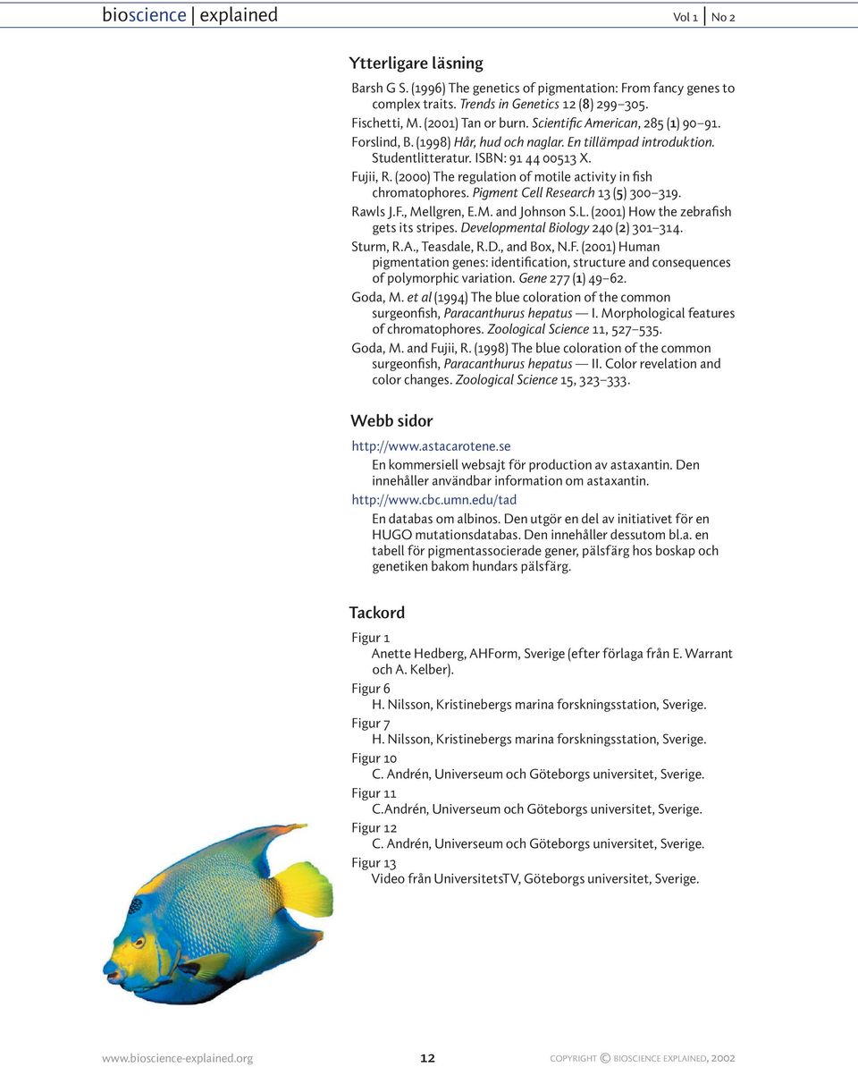 (2000) The regulation of motile activity in fish chromatophores. Pigment Cell Research 13 (5) 300 319. Rawls J.F., Mellgren, E.M. and Johnson S.L. (2001) How the zebrafish gets its stripes.