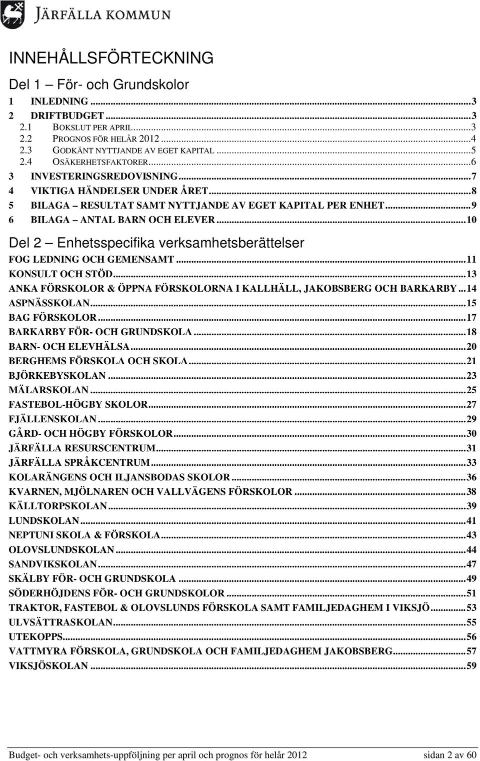 ..10 Del 2 Enhetsspecifika verksamhetsberättelser FOG LEDNING OCH GEMENSAMT...11 KONSULT OCH STÖD...13 ANKA FÖRSKOLOR & ÖPPNA FÖRSKOLORNA I KALLHÄLL, JAKOBSBERG OCH BARKARBY...14 ASPNÄSSKOLAN.