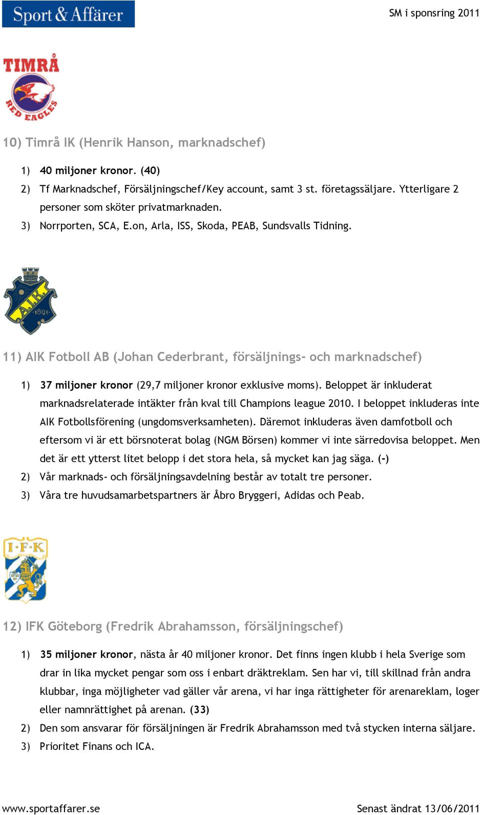 Beloppet är inkluderat marknadsrelaterade intäkter från kval till Champions league 2010. I beloppet inkluderas inte AIK Fotbollsförening (ungdomsverksamheten).