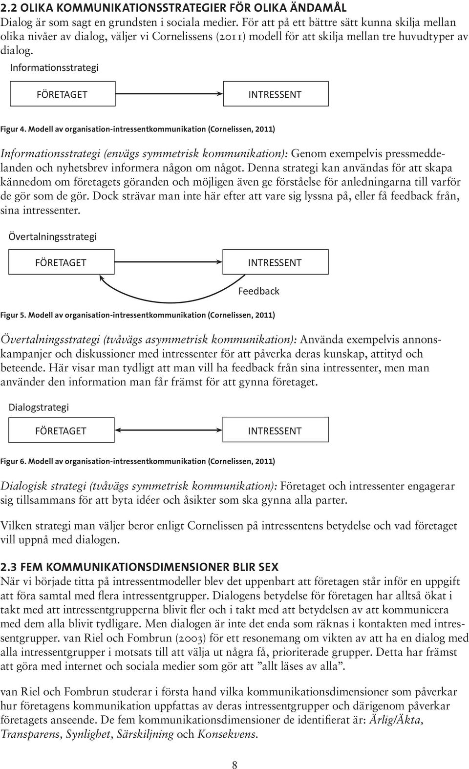 Modell av organisation-intressentkommunikation (Cornelissen, 2011) Informationsstrategi (envägs symmetrisk kommunikation): Genom exempelvis pressmeddelanden och nyhetsbrev informera någon om något.
