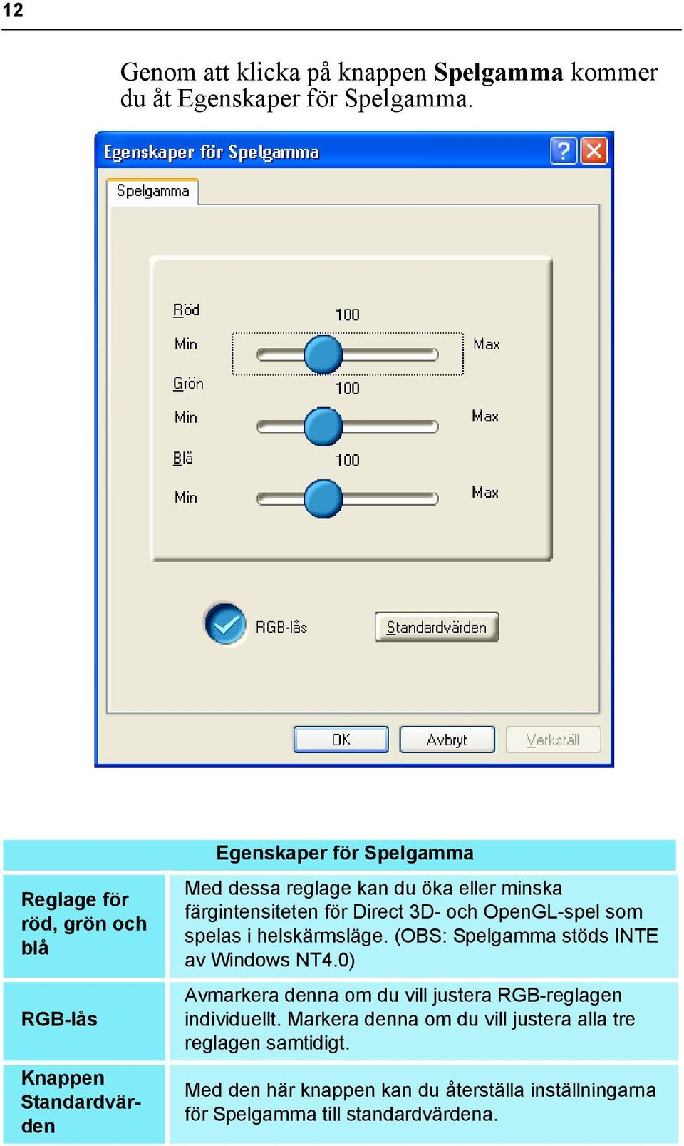 färgintensiteten för Direct 3D- och OpenGL-spel som spelas i helskärmsläge. (OBS: Spelgamma stöds INTE av Windows NT4.