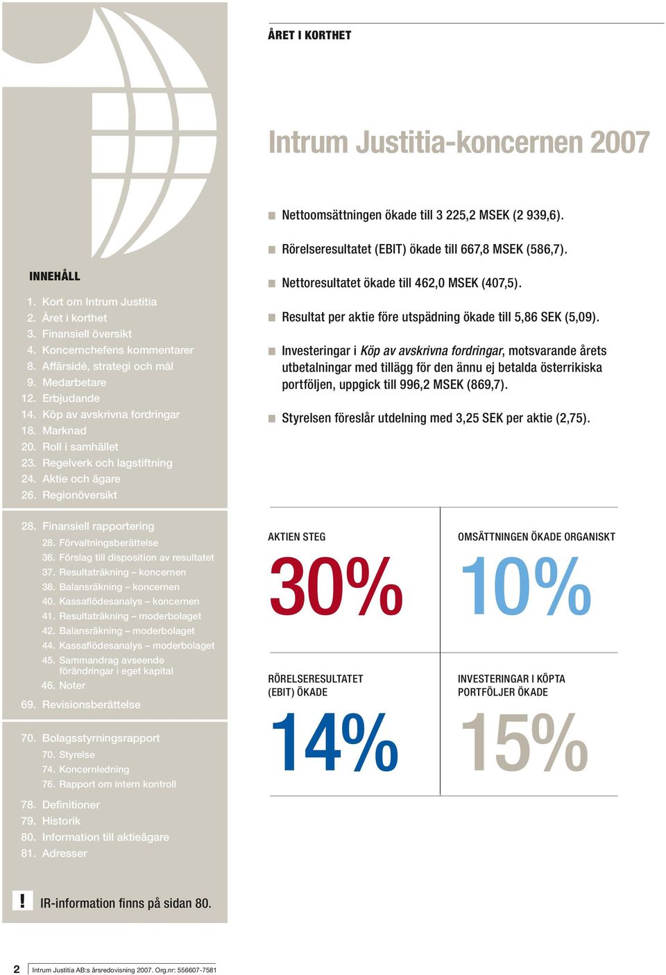 Regelverk och lagstiftning 24. Aktie och ägare 26. Regionöversikt n Nettoresultatet ökade till 462,0 MSEK (407,5). n Resultat per aktie före utspädning ökade till 5,86 SEK (5,09).