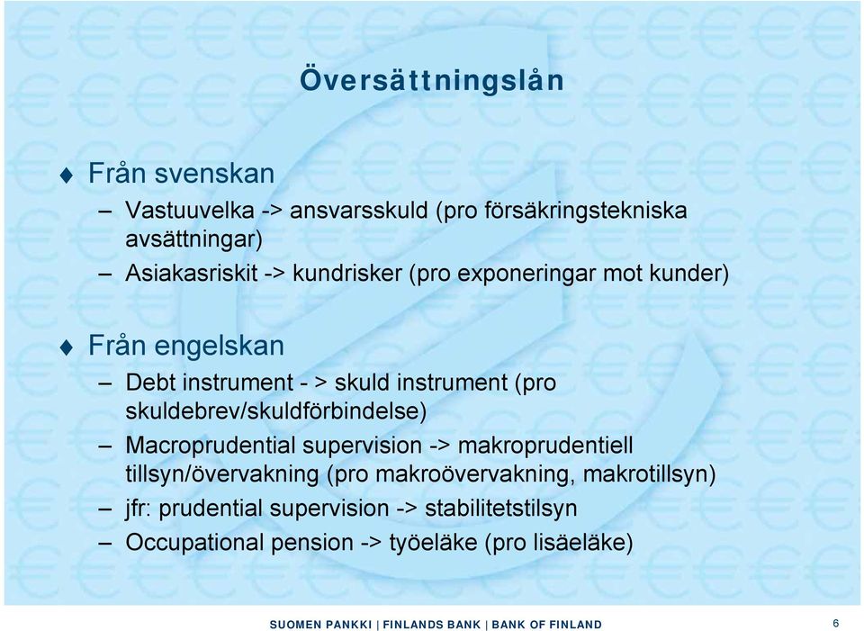 skuldebrev/skuldförbindelse) Macroprudential supervision -> makroprudentiell tillsyn/övervakning (pro