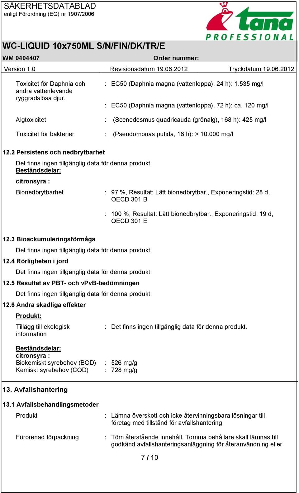 2 Persistens och nedbrytbarhet Beståndsdelar: citronsyra : Bionedbrytbarhet : 97 %, Resultat: Lätt bionedbrytbar., Exponeringstid: 28 d, OECD 301 B : 100 %, Resultat: Lätt bionedbrytbar.