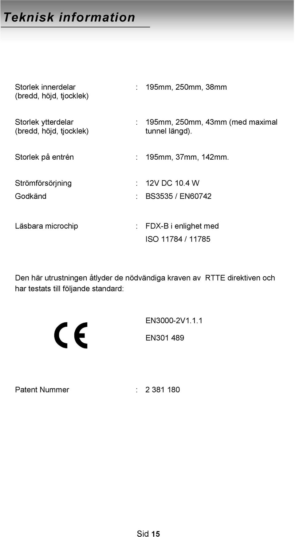 Strömförsörjning Godkänd : : 12V DC 10.