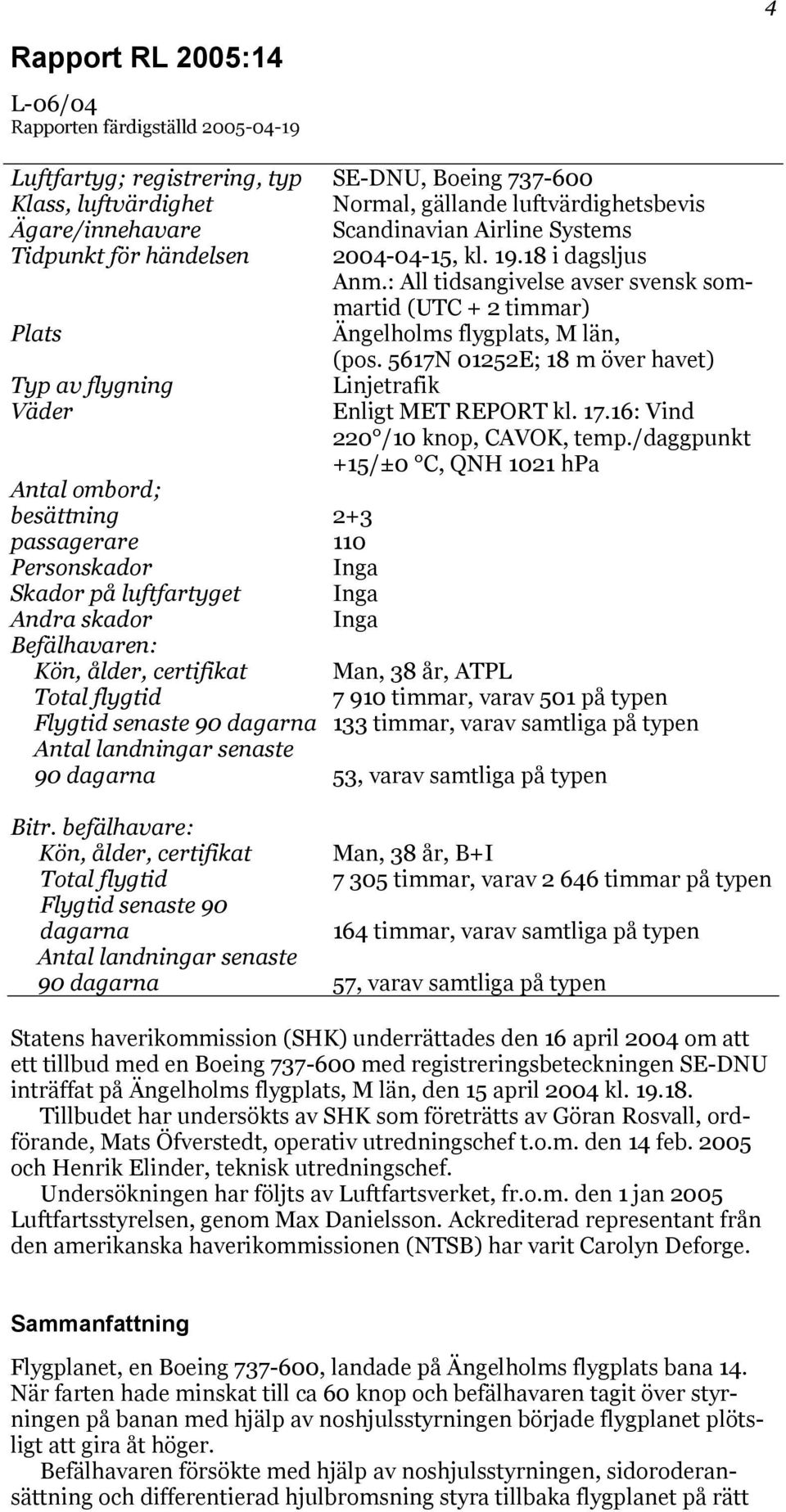 5617N 01252E; 18 m över havet) Typ av flygning Linjetrafik Väder Enligt MET REPORT kl. 17.16: Vind 220 /10 knop, CAVOK, temp.