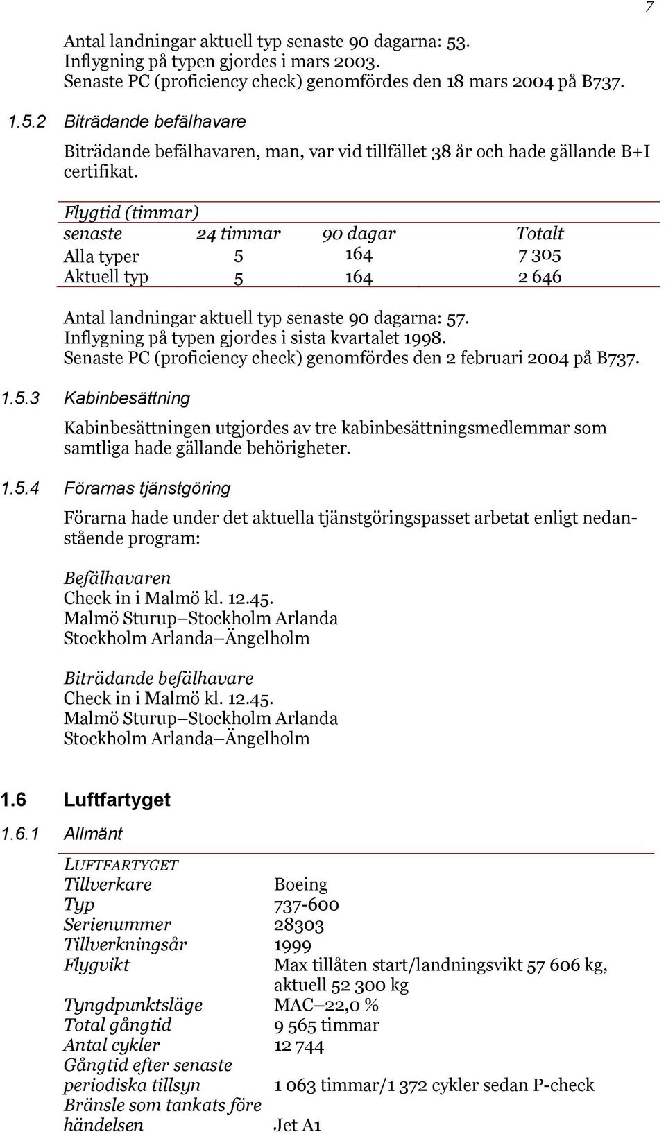 Inflygning på typen gjordes i sista kvartalet 1998. Senaste PC (proficiency check) genomfördes den 2 februari 2004 på B737. 1.5.