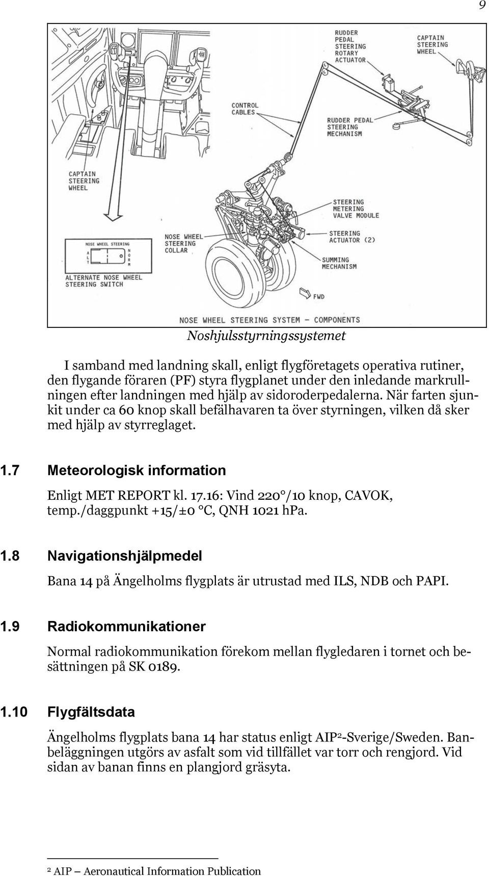 17.16: Vind 220 /10 knop, CAVOK, temp./daggpunkt +15/±0 C, QNH 1021 hpa. 1.8 Navigationshjälpmedel Bana 14 på Ängelholms flygplats är utrustad med ILS, NDB och PAPI. 1.9 Radiokommunikationer Normal radiokommunikation förekom mellan flygledaren i tornet och besättningen på SK 0189.