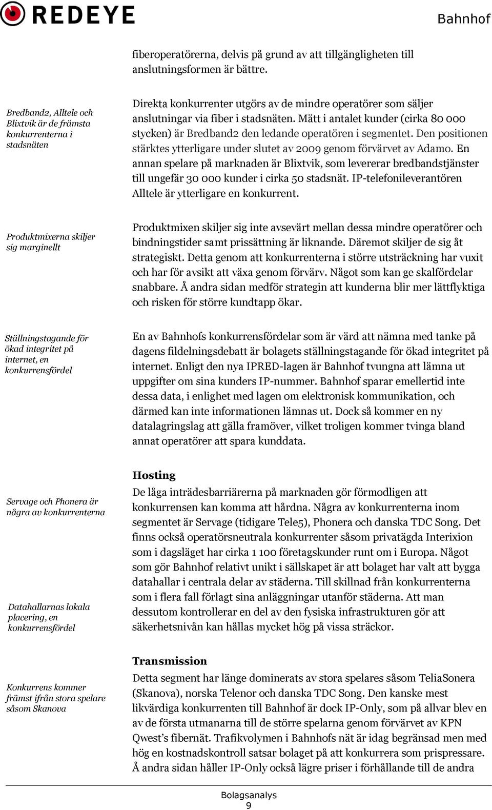 Mätt i antalet kunder (cirka 80 000 stycken) är Bredband2 den ledande operatören i segmentet. Den positionen stärktes ytterligare under slutet av 2009 genom förvärvet av Adamo.