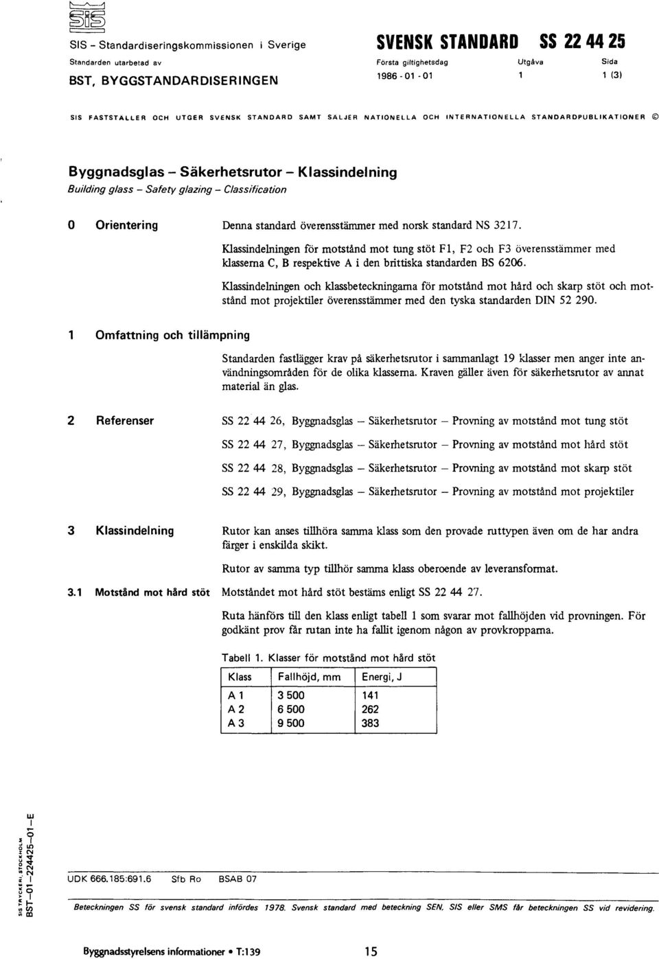 Denna standard överensstämmer med norsk standard NS 3217. Klassindelningen för motstånd mot tung stöt F1, F2 och F3 överensstämmer med klasserna C, B respektive A i den brittiska standarden BS 6206.