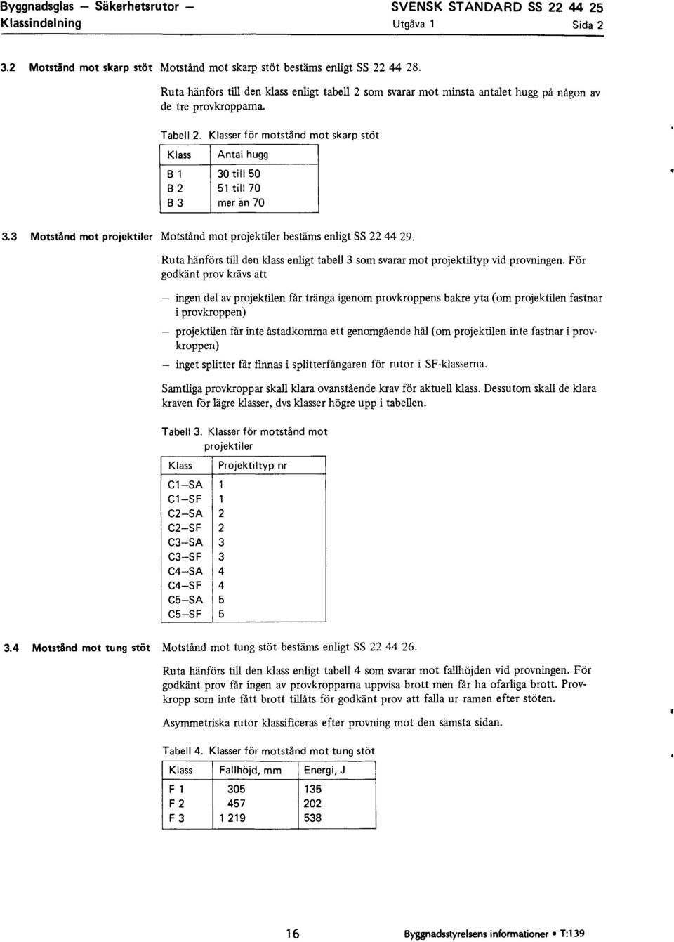 Klasser för motstånd mot skarp stöt Klass Antal hugg Bl 30 till 50 B2 51 till 70 B3 mer än 70 3.3 Motstånd mot projektiler Motstånd mot projektiler bestäms enligt SS 22 44 29.