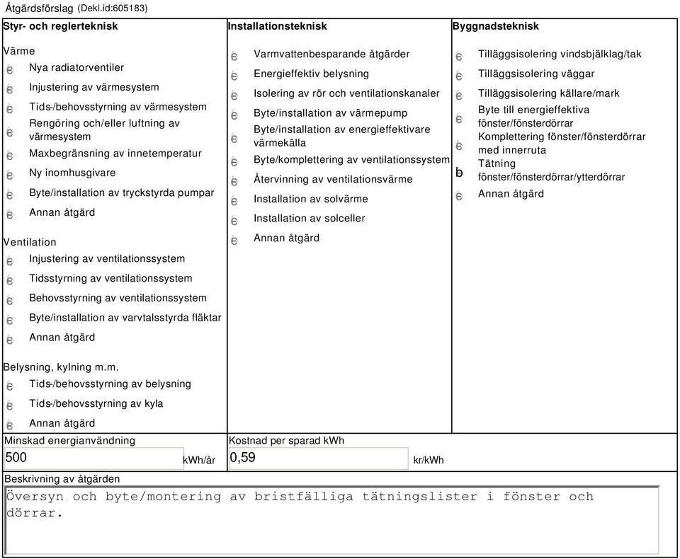 värmesystem Maxbegränsning av innetemperatur Ny inomhusgivare Byte/installation av tryckstyrda pumpar Ventilation Injustering av ventilationssystem Tidsstyrning av ventilationssystem Behovsstyrning